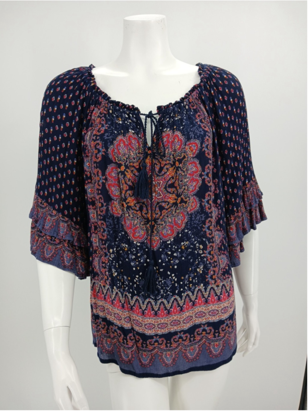 Bila Boho Peasant Top Size M Tassel Tie Ruffled 3/4 Sleeve Mandala Navy Multi